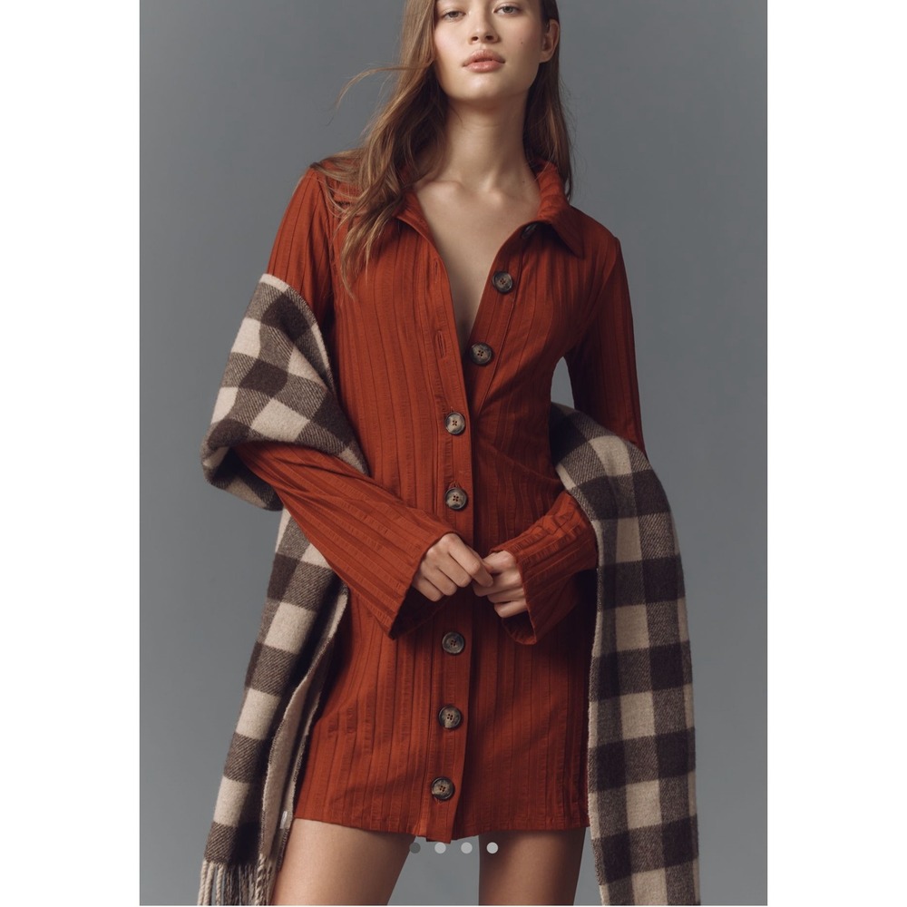 Reformation Benton Ribbed Button-Front Mini Dress dark orange NEW Long Sleeve XS